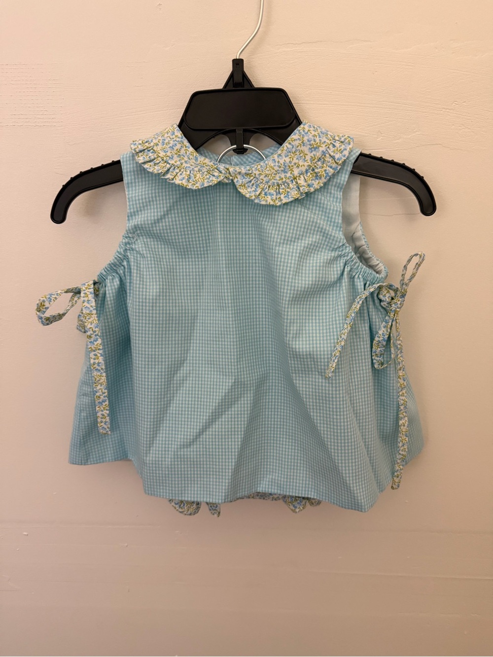 Baby Sen by Remember Nguyen Blue Gingham Baby Top and bloomers with Floral Trim